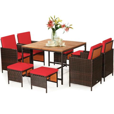 9PCS Patio Rattan Dining Set Cushioned Chairs Ottoman Wood Table Top Outdoor HW65997 ► Photo 1/6