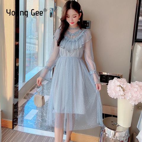 Young Gee Women Lace Ruffles Dresses Elegant Spring Summer Party High Waist Beading Tassel Tutu Midi Slim Fairy Dress Vestidos ► Photo 1/6