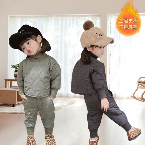 Fashion Children's Thick Set  Winter Baby Girls Warm Turtleneck Coat +pant Sets Kid Gray Casual Suit 0-5 Years Boys Wear Cotton ► Photo 1/6