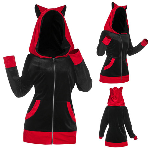 Fashion Women Cat Ears Hooded Sweatshirt Coat Autumn Winter Casual Patchwork Long Sleeve Pocket Zipper Plush Sweatshirts Outwear ► Photo 1/6