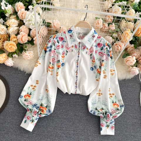 Women Autumn 2022 New Blouse Female Printed Lantern Sleeve Turn-Down Collar Loose Versatile Temperament Ladies Shirt UK113 ► Photo 1/6