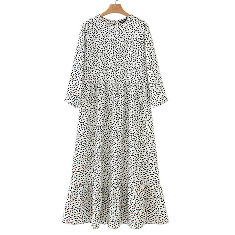 Vadim Women Black Dots Print Maxi Dress Pleated Three Quarter Sleeve Female Casual Straight Dresses Chic Ankle Length Vestidos ► Photo 1/6