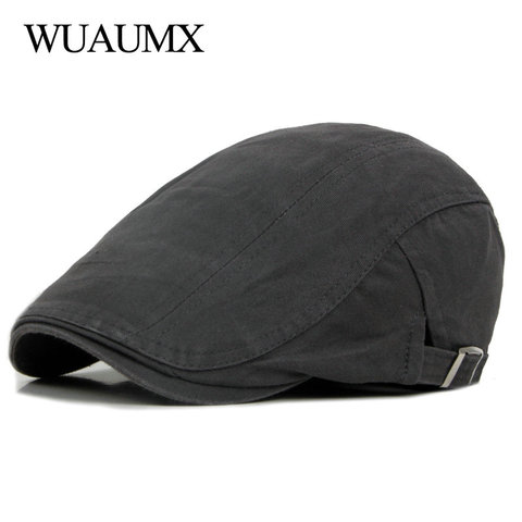 Wuaumx Casual Beret Hats Men Women Solid Forward cap Washed Cotton Beret Cap Spring Summer Flat Peaked Caps Painter Visor Adult ► Photo 1/6