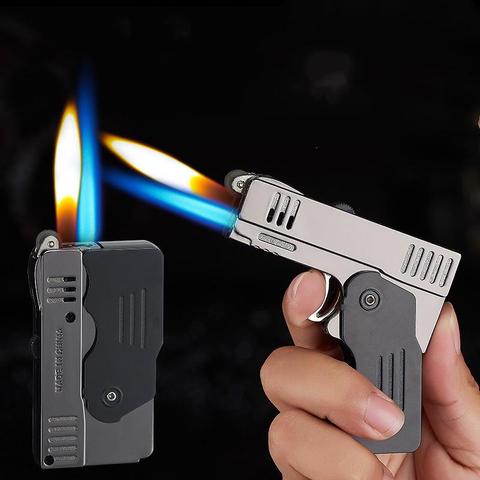 Novelty Double Fire Deformation Pistol Butane Gas Lighter Free Fire Jet Torch Windproof Cigarette Flint Grinding Wheel Lighter ► Photo 1/6