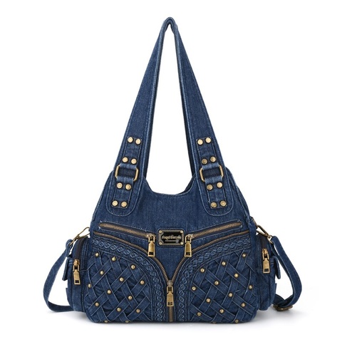 New Arrival Vintage Washed Denim Women Shoulder Bag with Rivet and Woven Decoration and Adjustable Long Shoulder Strap ► Photo 1/6