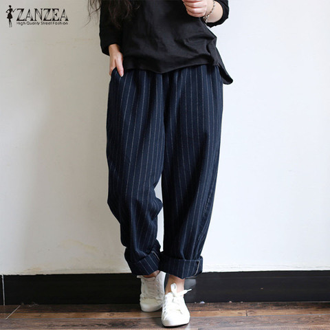 ZANZEA 5XL Autumn Striped Pants Women Casual Baggy Pant Turnip Long Pantalon Palazzo Lady Elastic Waist Harem Pants Plus Size ► Photo 1/6