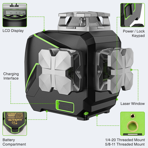 Huepar 3D LCD Display Cross Line Laser Level 12 Lines Green Beam Bluetooth & Remote Control Functions S03CG With Hard Carry Case ► Photo 1/6