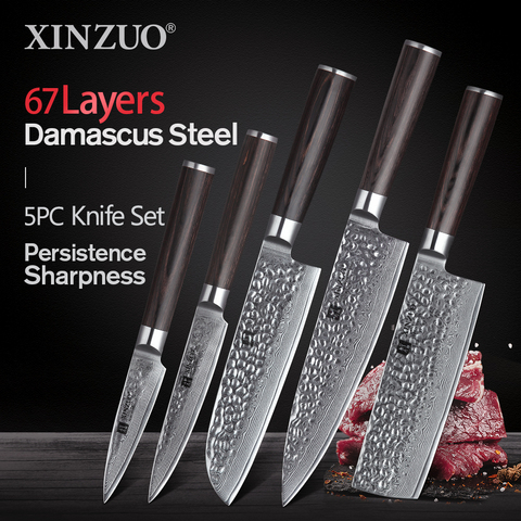 XINZUO 5 PCS Kitchen Knives Set VG10 Damascus Stainless Steel Sharp Chef Santoku Nakiri Slicing Paring Knife Pakkawood Handle ► Photo 1/6