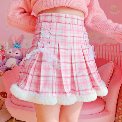 Winter Kawaii Pleated Mini Skirt Women Korean Fashion Plaid Cute Lace Cosplay School Gilr Lolita Female Warm Short Tutu Skirts ► Photo 1/6