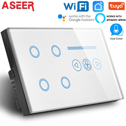 ASEER Smart WIFI Switch 4 gang  WIFI light switch with wifi Ceiling Fan Switch,White/Black Crystal Glass Panel,Work alexa,google ► Photo 1/5