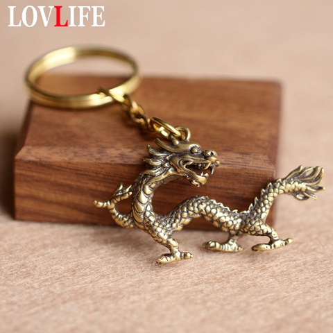 Brass Zodiac Dragon Animal Keychain Copper Flying Dragon Car Keyring Handmade Craft Bronze China Beast Bag Hanging Pendant Gift ► Photo 1/6