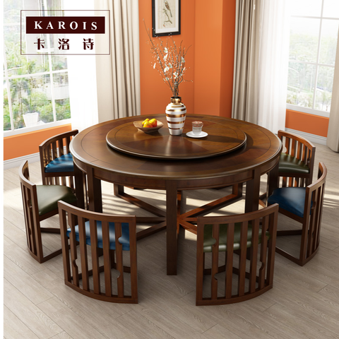 Karois 028 American Solid Wood Dining Table And Chair Combination Home With Turntable Table And Eight Chairs ► Photo 1/6
