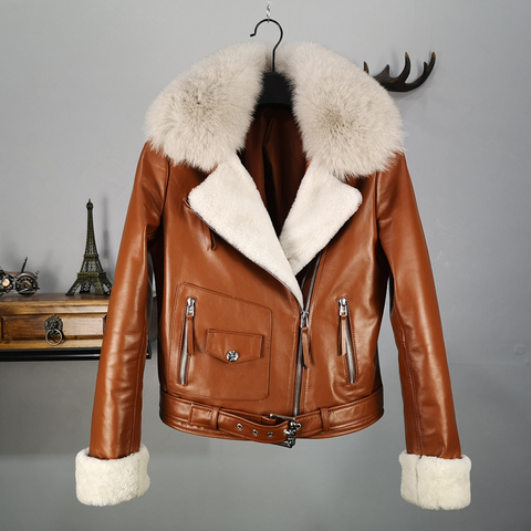 Winter plus cotton inside thicker warm real sheep leather jackets female was thin natural fox fur coats sheep fur cuff coat F685 ► Photo 1/6