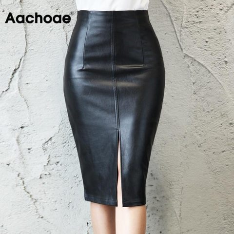 Aachoae Black PU Leather Skirt Women 2022 New Midi Sexy High Waist Bodycon Split Skirt Office Pencil Skirt Knee Length Plus Size ► Photo 1/6