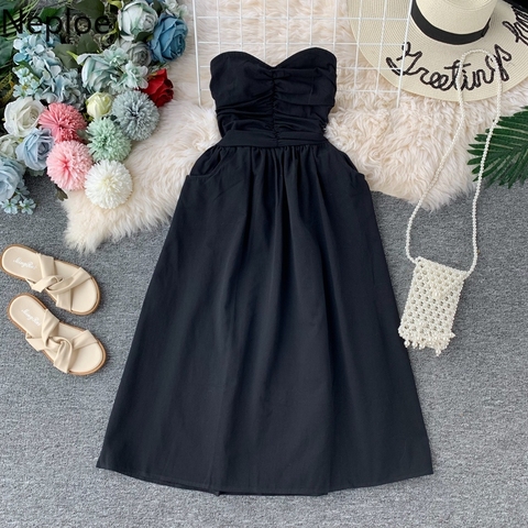 Neploe Strapless Party Dress Women Sexy Solid High Waist Knn Length Club Backless Vestidos Summer Shoulderless Dresses 1C291 ► Photo 1/6