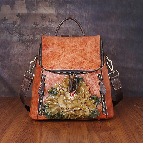 Genuine Cowhide Leather Women Bag Retro Floral High Quality Luxury Backpack For Female 2022 New Large Capacity Travel Backpacks ► Photo 1/6