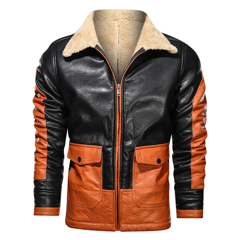 Euro Size 2022 New Leather Jacket Men Winter Fleece Wool Liner Pu Jackets Coats Fashion Men Contrast Color Pocket Cargo Jacket ► Photo 1/5