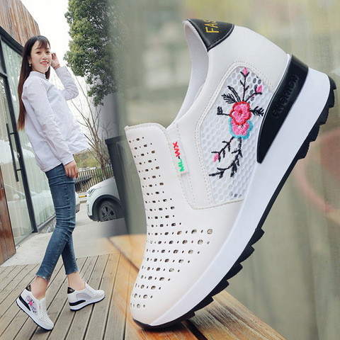 Women Casual Shoes Summer Spring Slip On Loafers Flower Mixed Colors Hollow Out Increasing Internal Height White Sneakers 35-40 ► Photo 1/6