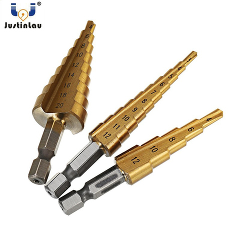 JUSTINLAU 3Pcs 1/4 Inch Hex Shank HSS Titanium Coated Step Drill Bit Set 3-12/4-12/4-20mm ► Photo 1/6