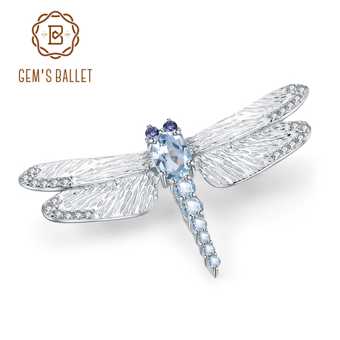 GEM'S BALLET 1.41Ct Natural Sky Blue Topaz Brooch 925 Sterling Sliver Handmade Design Dragonfly Brooches For Women Fine Jewelry ► Photo 1/6