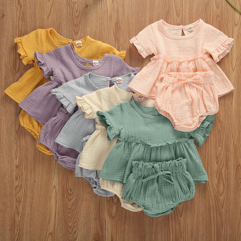 2pcs Newborn Infant Baby Girls Clothes Sets Cute Cotton Soft Solid Ruffles Short Sleeve T Shirts Tops+Shorts Outfits Suit ► Photo 1/5
