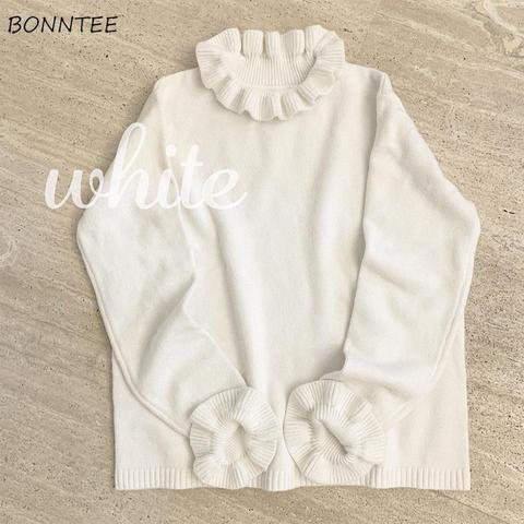 Sweaters Women Kawaii Ruffles Design College Solid Chic Girls Sweater All-match Ulzzang Simple Soft Long Sleeve Ladies Knitwear ► Photo 1/6