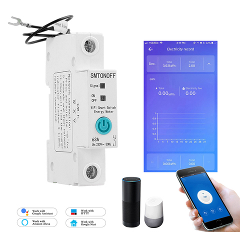 1P eWelink Single phase Din rail WIFI Smart Energy Meter Power Consumption kWh Meter wattmeter with Alexa  google for Smart home ► Photo 1/5