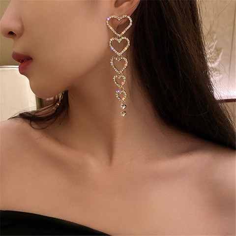 FYUAN Love Heart Crystal Drop Earrings for Women Bijoux Long Tassel  Rhinestone Dangle Earrings Statement Jewelry Gifts ► Photo 1/6