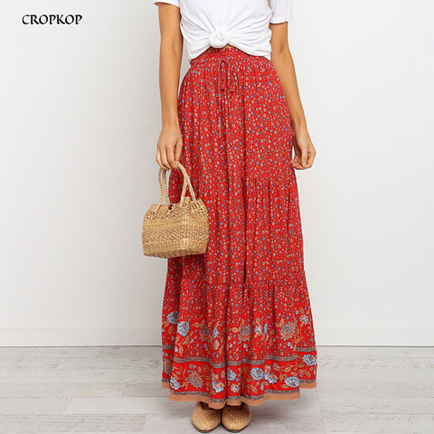 High Waist Long Skirts Womens Boho A-line Full Skirt Floral Print Drawstring Lace-Up Maxi Clothes White 2022 Summer Red Bohemian ► Photo 1/6