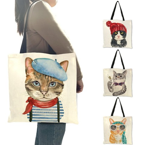 Cute Cat Print Reusable Shopping Bag Women Bags 2022 Summer Tote Bag Traveling School Bags B06034 ► Photo 1/6