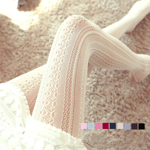 Helisopus Sexy Lace Knitted Cotton Tights Women Girls Autumn Winter Hollow Out Striped Stockings Female Solid Lolita Pantyhose ► Photo 1/6