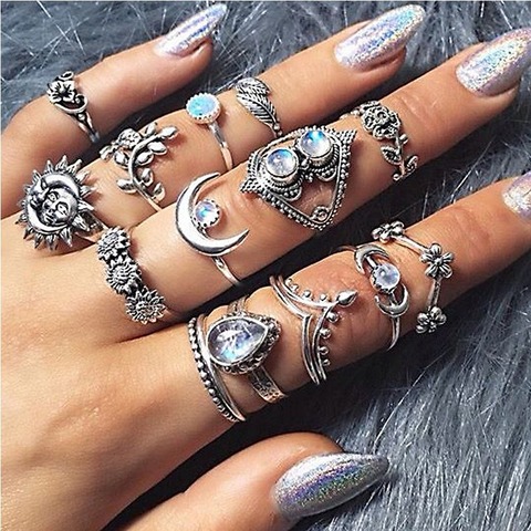 14 Pcs / Set Bohemian Retro Water Drop Flower Sunflower Moon Sun Ring Hollow Carved Crystal Ring Set for Women Fashion Jewelry ► Photo 1/6