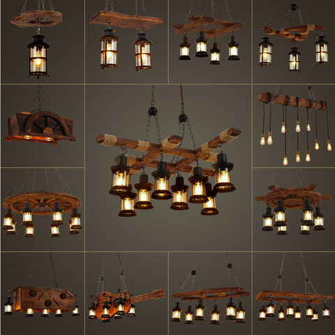 Retro Chandelier Wood Lamp Glass Lampshade Bar Industrial Style Loft Solid Restaurant Coffee Shop E27 Iron Chain Chandelier ► Photo 1/6