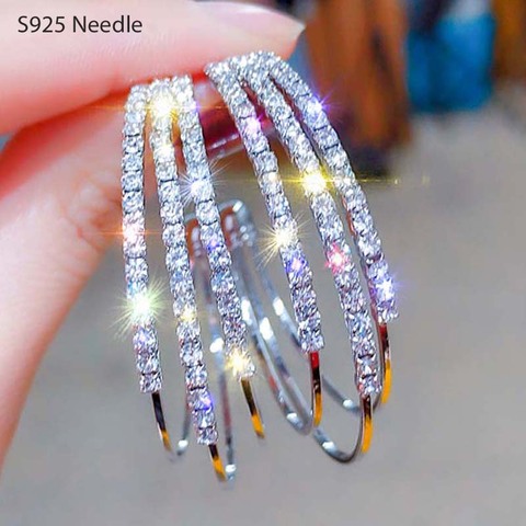 925 Sterling Silver Needle Hoop Earrings for Women Jewelry Rose Gold Statement Rhinestone Crystal Punk Rock Large Round Earrings ► Photo 1/6