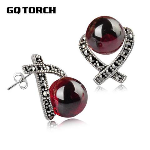 Real 925 Sterling Silver Stud Earrings For Women Inlaid Red Garnet Onyx Pearl Natural Marcasite Vintage Nickel Free Earrings ► Photo 1/6