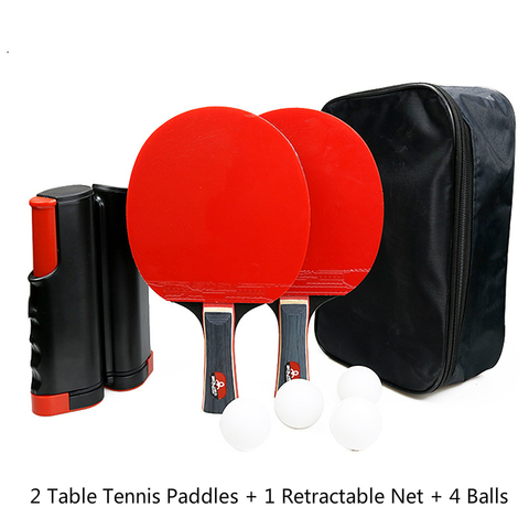 Portable Ping Pong Racket Set Table Tennis Blade of 2 Long Handle Ping Pong Paddles + 1 Retractable Net + 4 Table Tennis Balls ► Photo 1/6