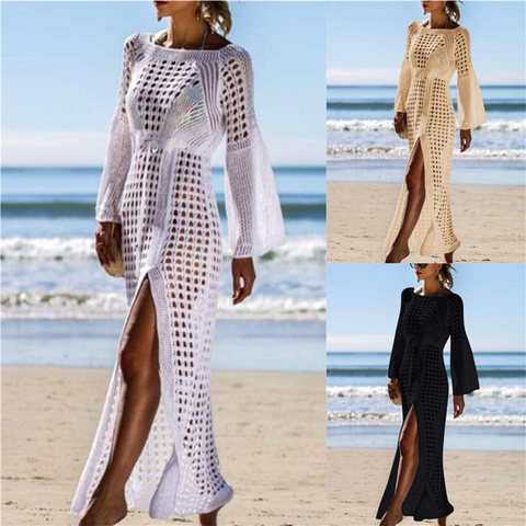 2022 Crochet Tunic Beach Dress Cover-ups Summer Women Beachwear Sexy Hollow Out Knitted Swimsuit Cover Up Robe de plage #Q716 ► Photo 1/6