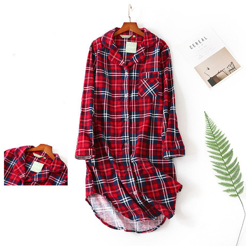 Shirt Sleepwear Women Sexy Plaid 100% Cotton Homewear Big Size   Long Sleeve V-Neck Nightdress Fashion Clothes Vintage Pjs ► Photo 1/6