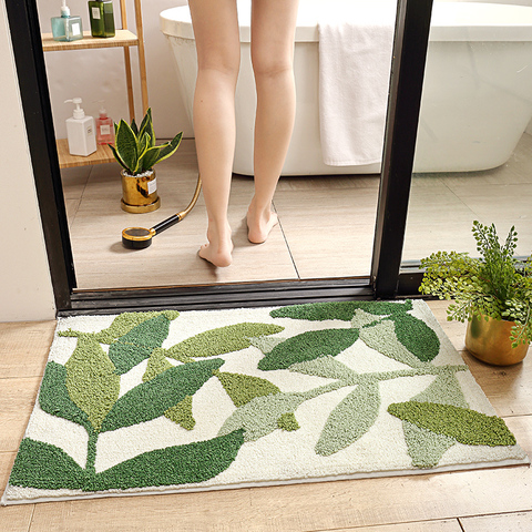 Honlaker Green Leaves Flocking Bath Mat Non-slip Absorbent Microfiber Bathroom Rug Home Entrance Door Mat Super Soft Bath Carpet ► Photo 1/6
