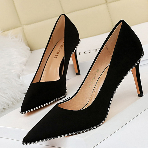 BIGTREE Shoes Black Heels Metal Beads Woman Pumps Suede High Heels Stiletto Wedding Shoes Women Heels Female Plus Size 41 42 43 ► Photo 1/6