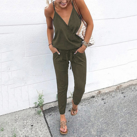 2022 Summer Women Holiday Casual Sleeveless Jumpsuits Fashion Ladies Solid Color Bodysuit Wide Leg Loose Long Pants Trousers ► Photo 1/6