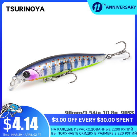 TSURINOYA 90SS Shallow Range Slow Sinking Minnow Fishing Lure 90mm 10.8g DW103 Movement Center Of Gravity Artificial Hard Bait ► Photo 1/6