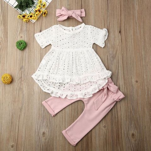 0-24M Baby Girl Clothes Girls LaceShort Sleeve Top Kid T-Shirt Pants Trousers Headband Set Newborn Bowknote Pants Outfit 3Pcs ► Photo 1/6