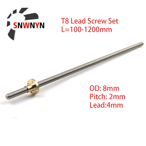 T8 Lead Screw Pitch 2mm Lead 4mm OD 8mm 100mm 150mm 200mm 300 350 400mm 500 600 1000 1200 Mm With Brass Nut  For CNC 3D Printer ► Photo 1/6