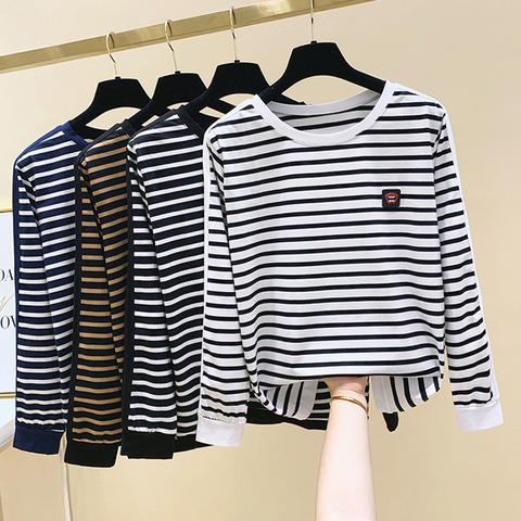 gkfnmt Korean Style Women T-Shirt Plus Size 4XL Long Sleeve Striped Cotton Tshirt Tops Autumn Winter T Shirt Femme Clothing ► Photo 1/6