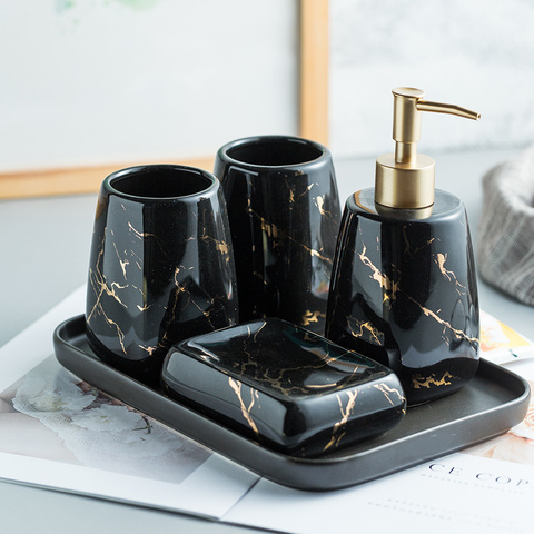Ceramic Glossy Marble Bathroom Accessory Set Washing Tools Bottle Mouthwash Cup Soap Toothbrush Holder Tray Home Hotel Wash SetF ► Photo 1/5