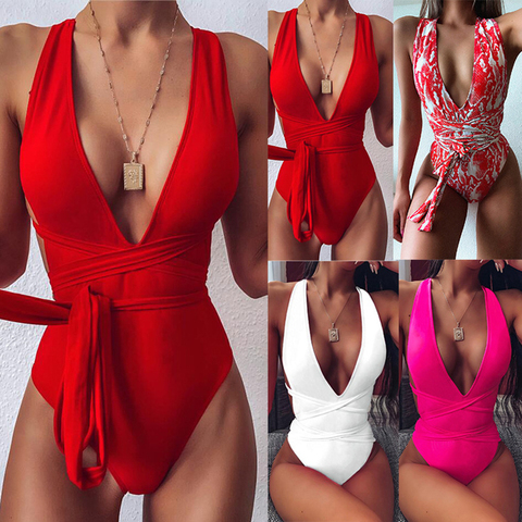 Sexy Solid Color One-piece Swimsuit 2022 Deep V Backless Push Up Swimwear Beach Bathing  Europe and America Shirring Bikini Set ► Photo 1/6