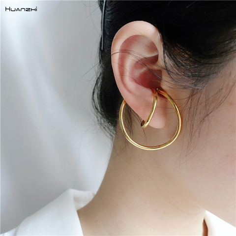 HUANZHI 2022 New Design Trend Simple Geometric Distortion Irregular Curve Clip Earrings for Women Girl No Pierced Earrings ► Photo 1/6
