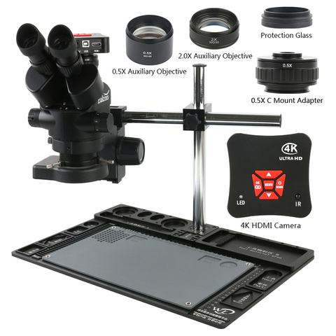3.5X-90X Zoom Simul Focal Trinocular Stereo Microscope + Multifunction Aluminum Alloy Stand + 50MP 1080P 4K UHD HDMI Camera ► Photo 1/6