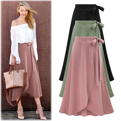 M-6XL Women Maxi Skirt Pink Ruffle High Waist Bowtie Slit Long Skirt Spring Summer Office Casual Elegant Solid Skirt Plus Size ► Photo 1/6